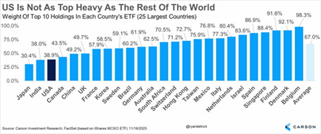 Chart depicting Weight of top 10 Holding in Each Country's ETF (25 largest countries)